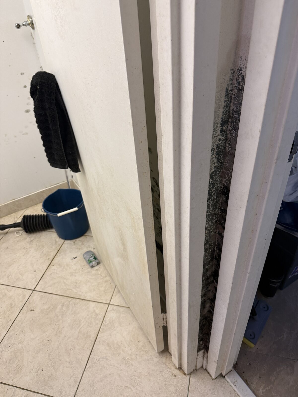 Mold damage at a doorway in a Boca Raton condo before removal