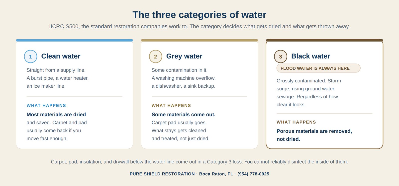 Chart of the three IICRC S500 water categories, showing that flood water is always Category 3 and porous materials are removed rather than dried